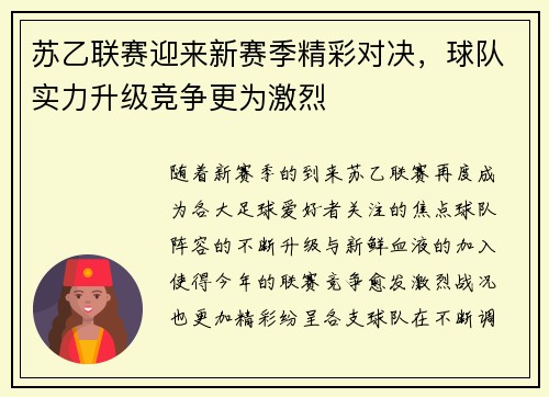 苏乙联赛迎来新赛季精彩对决,球队实力升级竞争更为激烈